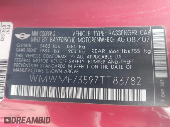 2007 MINI Hardtop S with VIN WMWMF73597TT83782, listed as a IAAI auction lot 41120914 with 80,249 mi miles and . Bid and sale history available at DreamBid. Image 9.