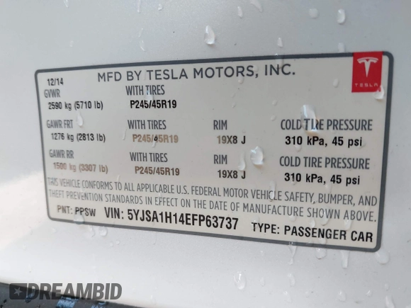 2014 Tesla Model S 60 with VIN 5YJSA1H14EFP63737, listed as a IAAI auction lot 41947610 with 62,240 mi miles and . Bid and sale history available at DreamBid. Image 9.