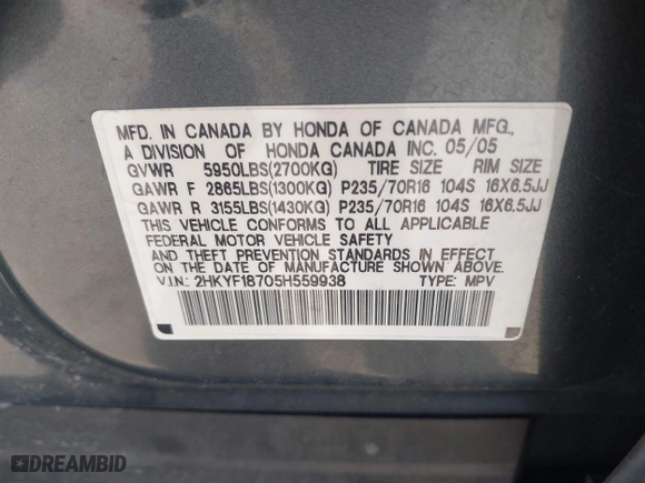 2005 Honda Pilot EX-L with NAVI with VIN 2HKYF18705H559938, listed as a IAAI auction lot 41814487 with 188,665 mi miles. Bid and sale history available at carsss.com. Image 9.