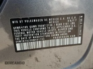 2017 Volkswagen Jetta S z VIN 3VW2B7AJ3HM401793, wystawiony jako Copart lot #65069265 z przebiegiem 85 610 mil mil oraz Szkoda całkowita • Salvage title. Historia ofert i sprzedaży dostępna na DreamBid. Obrazek 12.