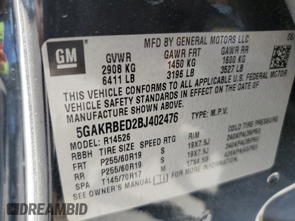 2011 Buick Enclave CXL-1 with VIN 5GAKRBED2BJ402476, listed as a Copart auction lot 49407085 with 184,071 mi miles and Salvage Title. Bid and sale history available at carsss.com. Image 15.