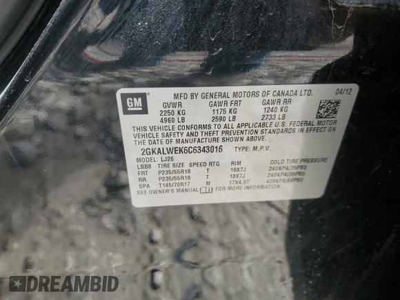 2012 GMC Terrain SLT-2 with VIN 2GKALWEK6C6343016, listed as a Copart auction lot 49219975 with Not Provided miles and Clean Title. Bid and sale history available at DreamBid. Image 13.