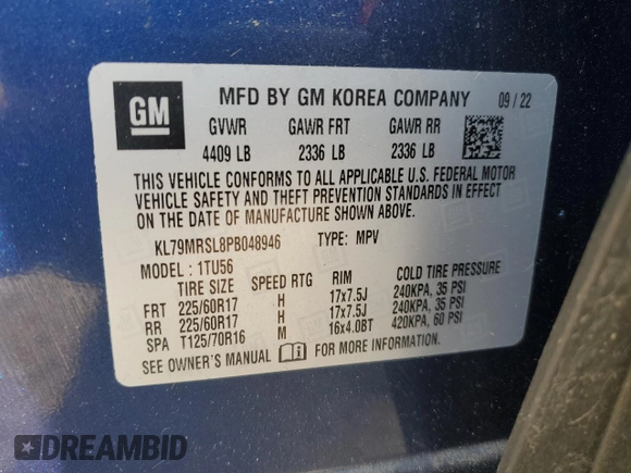 2023 Chevrolet TrailBlazer LT with VIN KL79MRSL8PB048946, listed as a Copart auction lot 53898975 with 28,625 mi miles and Salvage Title. Bid and sale history available at DreamBid. Image 12.