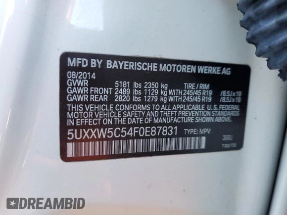 2015 BMW X4 xDrive35i with VIN 5UXXW5C54F0E87831, listed as a Copart auction lot 43763654 with 86,297 mi miles. Bid and sale history available at carsss.com. Image 15.