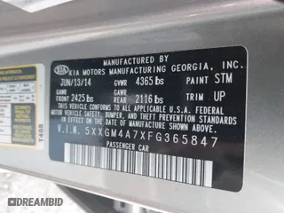 2015 Kia Optima LX with VIN 5XXGM4A7XFG365847, listed as a IAAI auction lot 39573956 with NaN miles. Bid and sale history available at carsss.com. Image 9.
