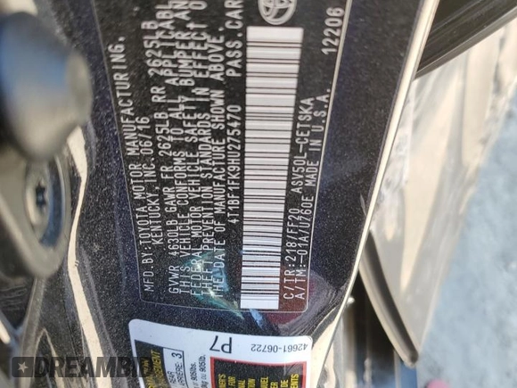 2017 Toyota Camry XLE with VIN 4T1BF1FK9HU275470, listed as a Copart auction lot 53383225 with 139,963 mi miles and Salvage Title. Bid and sale history available at carsss.com. Image 12.