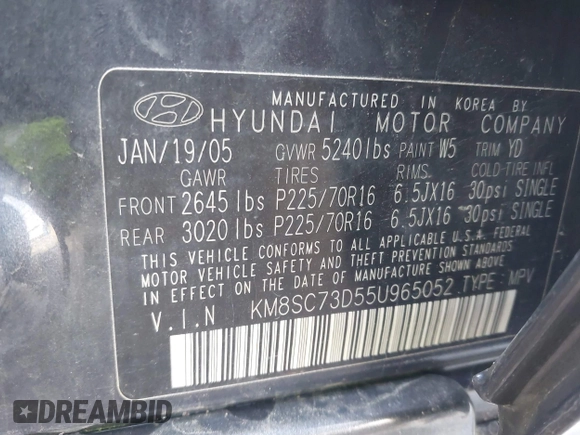 2005 Hyundai Santa Fe GLS with VIN KM8SC73D55U965052, listed as a IAAI auction lot 42124944 with 117,178 mi miles. Bid and sale history available at carsss.com. Image 9.