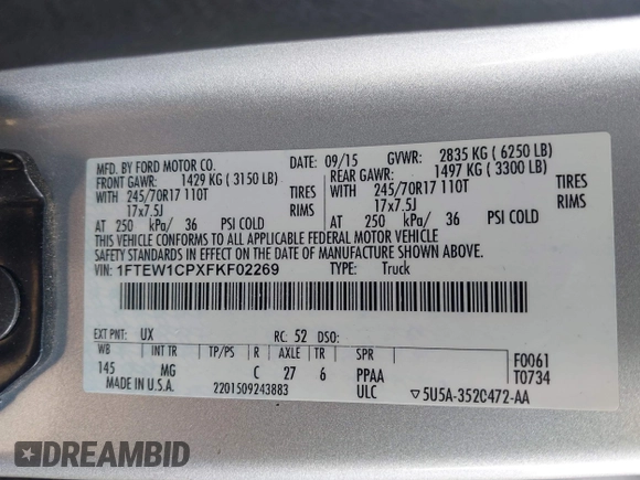 2015 Ford F-150 XL с VIN 1FTEW1CPXFKF02269, выставлен на аукционе IAAI как лот 41590185 с пробегом 285 377 миль миль и . История ставок и продаж доступна на DreamBid. Изображение 9.
