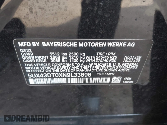 2022 BMW X4 M40i with VIN 5UX43DT0XN9L33898, listed as a IAAI auction lot 41642374 with 8 mi miles and . Bid and sale history available at DreamBid. Image 9.