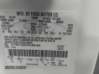 2007 Ford F-150 XL с VIN 1FTRF12257KC85190, выставлен на аукционе IAAI как лот 42471983 с пробегом 259 854 миль миль и . История ставок и продаж доступна на DreamBid. Изображение 9.