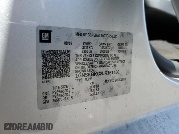 2020 Chevrolet Tahoe LT with VIN 1GNSKBKC2LR161480, listed as a Copart auction lot 42609035 with Not provided miles and Salvage title. Bid and sale history available at DreamBid. Image 14.