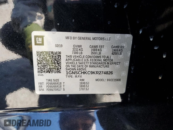 2019 Chevrolet Suburban LT z VIN 1GNSCHKC9KR274826, wystawiony jako Copart lot #51349055 z przebiegiem 37 826 mil mil oraz Szkoda całkowita • Salvage title. Historia ofert i sprzedaży dostępna na DreamBid. Obrazek 13.