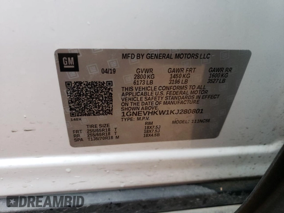 2019 Chevrolet Traverse LT Leather with VIN 1GNEVHKW1KJ280801, listed as a Copart auction lot 37754613 with 28,525 mi miles. Bid and sale history available at carsss.com. Image 13.