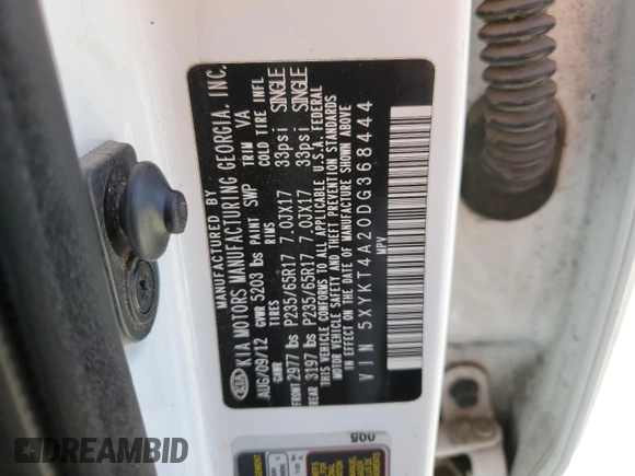 2013 Kia Sorento LX with VIN 5XYKT4A20DG368444, listed as a Copart auction lot 47887985 with 116,915 mi miles and Salvage Title. Bid and sale history available at carsss.com. Image 12.