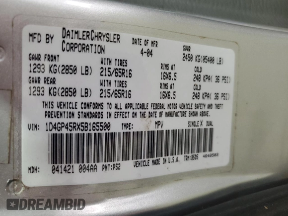2005 Dodge Caravan SXT with VIN 1D4GP45RX5B165500, listed as a Copart auction lot 59680105 with 119,096 mi miles and Salvage title. Bid and sale history available at DreamBid. Image 14.