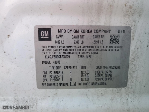 2016 Buick Encore Convenience with VIN KL4CJFSB3GB728979, listed as a Copart auction lot 53312915 with 108,498 mi miles and Clean Title. Bid and sale history available at carsss.com. Image 13.