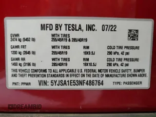 2022 Tesla Model S z VIN 5YJSA1E53NF486764, wystawiony jako Copart lot #52705885 z przebiegiem 73 637 mil mil oraz Szkoda całkowita • Salvage title. Historia ofert i sprzedaży dostępna na DreamBid. Obrazek 14.
