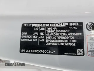2023 Fisker Ocean One z VIN VCF1ZBU2XPG003149, wystawiony jako Copart lot #50105195 z przebiegiem Nie podano mil oraz Szkody całkowita. Historia ofert i sprzedaży dostępna na DreamBid. Obrazek 12.
