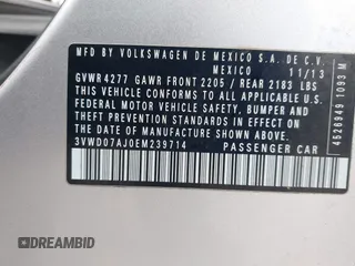 2014 Volkswagen Jetta SE with VIN 3VWD07AJ0EM239714, listed as a IAAI auction lot 42428082 with 124,221 mi miles and . Bid and sale history available at DreamBid. Image 9.