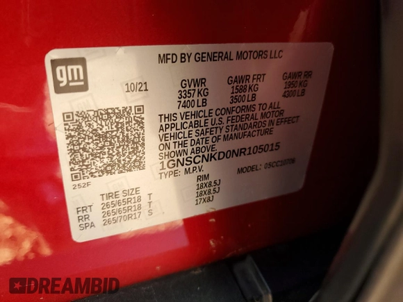 2022 Chevrolet Tahoe LT with VIN 1GNSCNKD0NR105015, listed as a Copart auction lot 46949255 with 28,434 mi miles and Salvage title. Bid and sale history available at DreamBid. Image 16.
