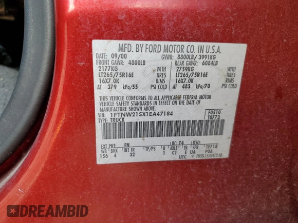2001 Ford Super Duty F-250 XL with VIN 1FTNW21SX1EA47184, listed as a Copart auction lot 78271604 with 132,024 mi miles and Salvage Title. Bid and sale history available at carsss.com. Image 12.