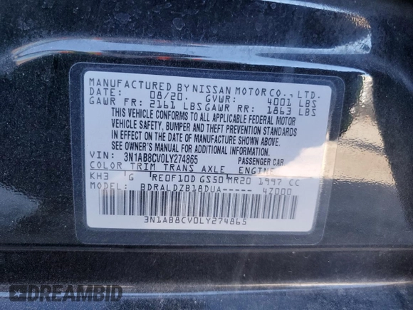 2020 Nissan Sentra SV z VIN 3N1AB8CV0LY274865, wystawiony jako Copart lot #47805315 z przebiegiem 41 566 mil mil oraz Szkoda całkowita • Salvage title. Historia ofert i sprzedaży dostępna na DreamBid. Obrazek 14.