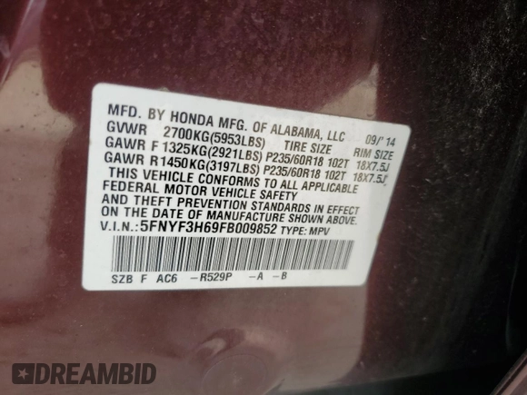 2015 Honda Pilot EX-L with VIN 5FNYF3H69FB009852, listed as a Copart auction lot 79179094 with 117,361 mi miles and Salvage Title. Bid and sale history available at carsss.com. Image 14.