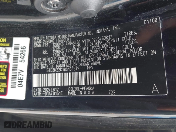 2008 Toyota Sienna XLE with VIN 5TDZK22C18S161342, listed as a IAAI auction lot 42027277 with 198,489 mi miles. Bid and sale history available at carsss.com. Image 9.