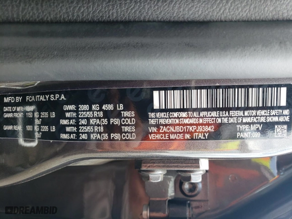 2019 Jeep Renegade Limited with VIN ZACNJBD17KPJ93842, listed as a Copart auction lot 57526044 with 65,878 mi miles and Salvage Title. Bid and sale history available at carsss.com. Image 12.