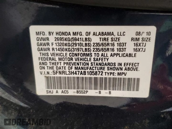 2010 Honda Odyssey EX with VIN 5FNRL3H47AB105872, listed as a Copart auction lot 86489444 with 170,641 mi miles and Non Repairable. Bid and sale history available at carsss.com. Image 13.
