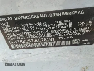 2018 BMW X3 xDrive30i with VIN 5UXTR9C57JLC76191, listed as a IAAI auction lot 42037489 with Not Provided miles and . Bid and sale history available at DreamBid. Image 9.