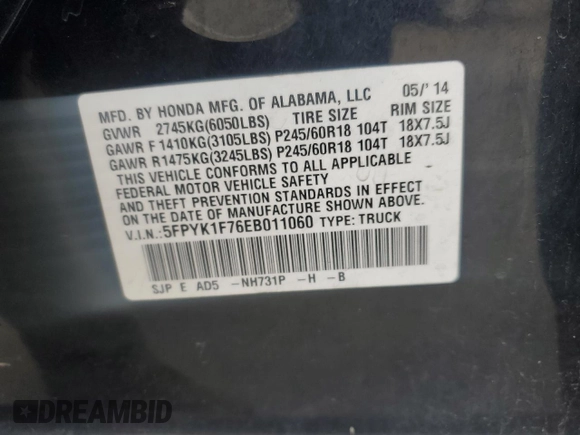 2014 Honda Ridgeline Sport z VIN 5FPYK1F76EB011060, wystawiony jako Copart lot #51876545 z przebiegiem 246 376 mil mil oraz Szkoda całkowita • Salvage title. Historia ofert i sprzedaży dostępna na DreamBid. Obrazek 12.