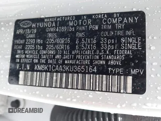 2019 Hyundai Kona SE with VIN KM8K1CAA3KU365164, listed as a IAAI auction lot 41967249 with 46,820 mi miles. Bid and sale history available at carsss.com. Image 9.