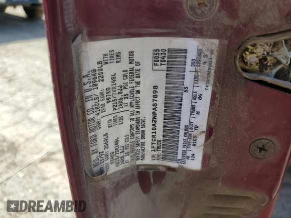 1992 Ford Ranger XL with VIN 1FTCR10A2NPA87898, listed as a Copart auction lot 53450505 with 2,748 mi miles and Salvage title. Bid and sale history available at DreamBid. Image 12.