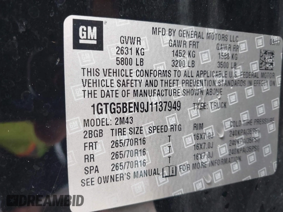 2018 GMC Canyon 2WD z VIN 1GTG5BEN9J1137949, wystawiony jako IAAI lot #42189911 z przebiegiem 98 296 mil mil oraz . Historia ofert i sprzedaży dostępna na DreamBid. Obrazek 9.