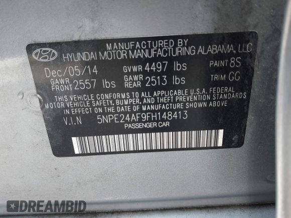 2015 Hyundai Sonata 2.4L SE with VIN 5NPE24AF9FH148413, listed as a IAAI auction lot 42081203 with 173,425 mi miles. Bid and sale history available at carsss.com. Image 9.