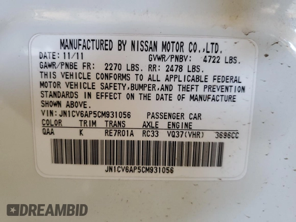 2012 Infiniti G37 Sedan Journey with VIN JN1CV6AP5CM931056, listed as a Copart auction lot 54368525 with 194,291 mi miles and Salvage Title. Bid and sale history available at carsss.com. Image 12.