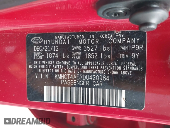 2013 Hyundai Accent GLS with VIN KMHCT4AE7DU420984, listed as a IAAI auction lot 42016902 with 145,166 mi miles and . Bid and sale history available at carsss.com. Image 9.