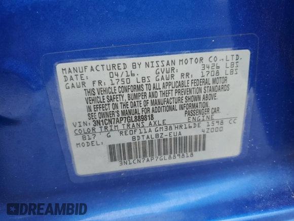 2016 Nissan Versa S z VIN 3N1CN7AP7GL889818, wystawiony jako Copart lot #59539015 z przebiegiem 97 607 mil mil oraz Czysty tytuł • Clean title. Historia ofert i sprzedaży dostępna na DreamBid. Obrazek 12.