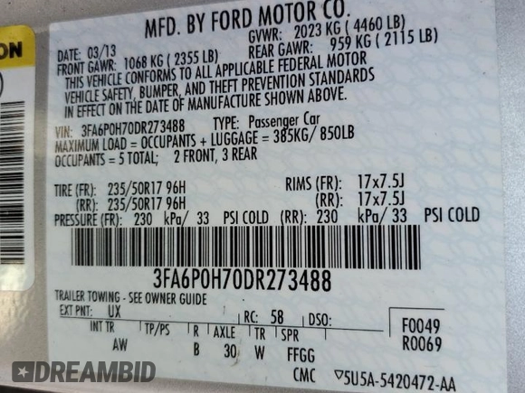 2013 Ford Fusion SE with VIN 3FA6P0H70DR273488, listed as a Copart auction lot 50779095 with 150,661 mi miles and Clean Title. Bid and sale history available at carsss.com. Image 12.