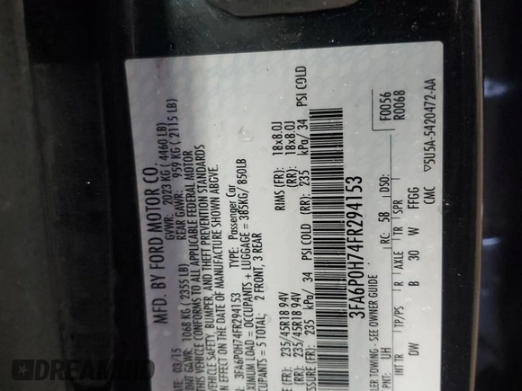 2015 Ford Fusion SE with VIN 3FA6P0H74FR294153, listed as a Copart auction lot 53846585 with 185,771 mi miles and Non Repairable. Bid and sale history available at carsss.com. Image 12.