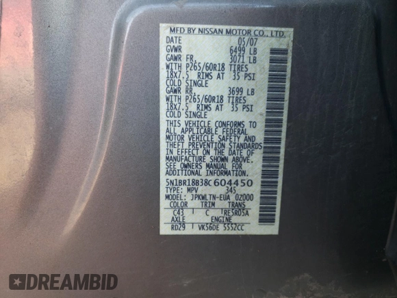 2008 Nissan Pathfinder LE with VIN 5N1BR18B38C604450, listed as a Copart auction lot 88101435 with 175,970 mi miles and Clean Title. Bid and sale history available at carsss.com. Image 13.