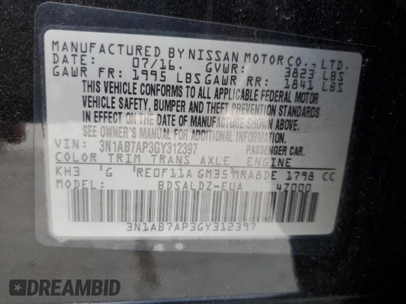 2016 Nissan Sentra SV with VIN 3N1AB7AP3GY312397, listed as a Copart auction lot 52536335 with 115,164 mi miles and Salvage Title. Bid and sale history available at DreamBid. Image 12.