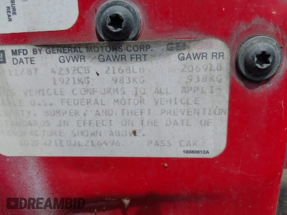 1988 Pontiac Firebird Trans Am с VIN 1G2FW21E0JL216496, выставлен на аукционе IAAI как лот 42131654 с пробегом 231 941 миль миль и . История ставок и продаж доступна на DreamBid. Изображение 9.