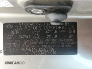 2013 Kia Optima LX with VIN KNAGM4A75D5375586, listed as a Copart auction lot 53297705 with Not Provided miles and Salvage Title. Bid and sale history available at carsss.com. Image 12.