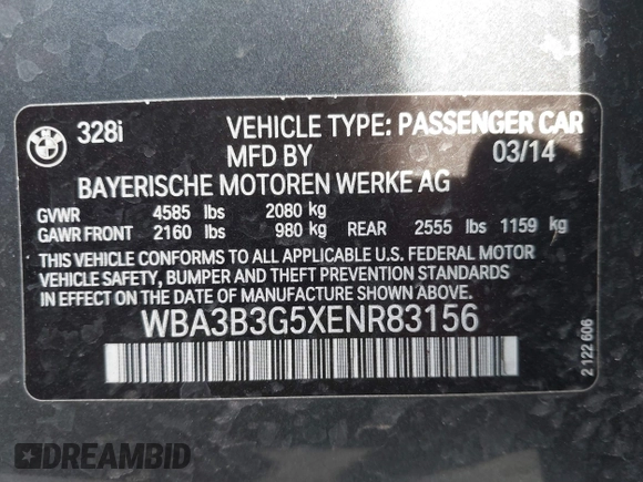 2014 BMW 3 Series 328i xDrive with VIN WBA3B3G5XENR83156, listed as a IAAI auction lot 41803982 with 111,318 mi miles. Bid and sale history available at carsss.com. Image 9.