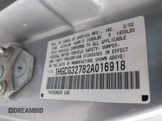 2002 Honda Accord EX z VIN 1HGCG32782A016918, wystawiony jako IAAI lot #42292329 z przebiegiem 171 704 mil mil oraz . Historia ofert i sprzedaży dostępna na DreamBid. Obrazek 9.