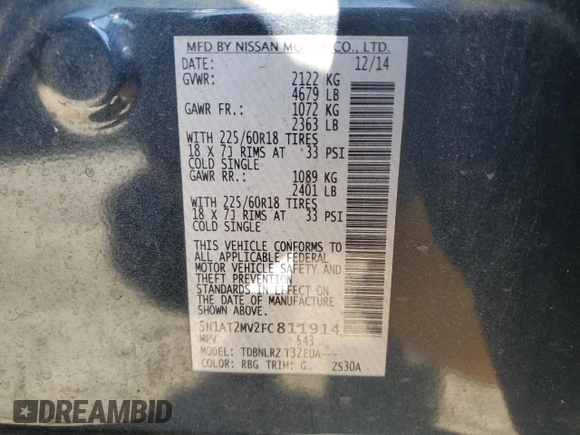 2015 Nissan Rogue SL with VIN 5N1AT2MV2FC811914, listed as a Copart auction lot 50463645 with 102,049 mi miles and Salvage Title. Bid and sale history available at DreamBid. Image 15.