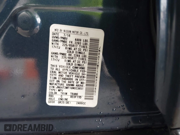 2016 Nissan Rogue SV with VIN JN8AT2MT1GW023651, listed as a IAAI auction lot 41980524 with 92,186 mi miles and . Bid and sale history available at carsss.com. Image 9.