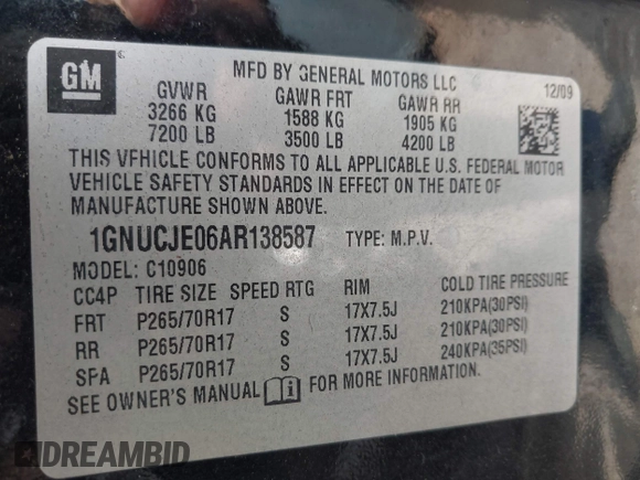 2010 Chevrolet Suburban LT with VIN 1GNUCJE06AR138587, listed as a IAAI auction lot 42145484 with 283,318 mi miles and . Bid and sale history available at DreamBid. Image 9.